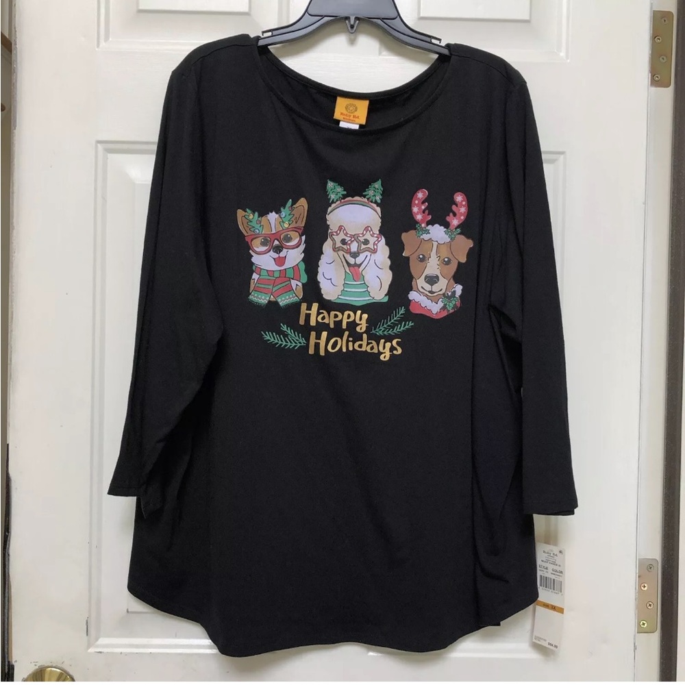 RUBY RD. WOMEN'S TOPS PLUS SIZE 3X BLACK HAPPY HOLIDAYS CHRISTMAS DOGS Ps2